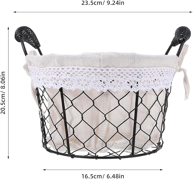 Wire Storage Basket with Handle and Fabric Liner Rustic Metal Bread and Fruit Basket for Kitchen Pantry Organization for Serving and Storage