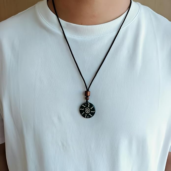 Handmade Black Bull Bone Pendant Necklace, Traditional Tribal Design, Wooden Beads, Adjustable Braided Rope, 24 Inch, Surfer Style