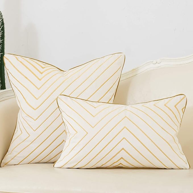 Avigers 12 x 20 Inch White Gold Striped Geometric Lines Embroidery Velvet Cushion Case Luxury Modern Lumbar Throw Pillow Cover Decorative Pillow for Couch Living Room Bedroom Car 30 x 50cm