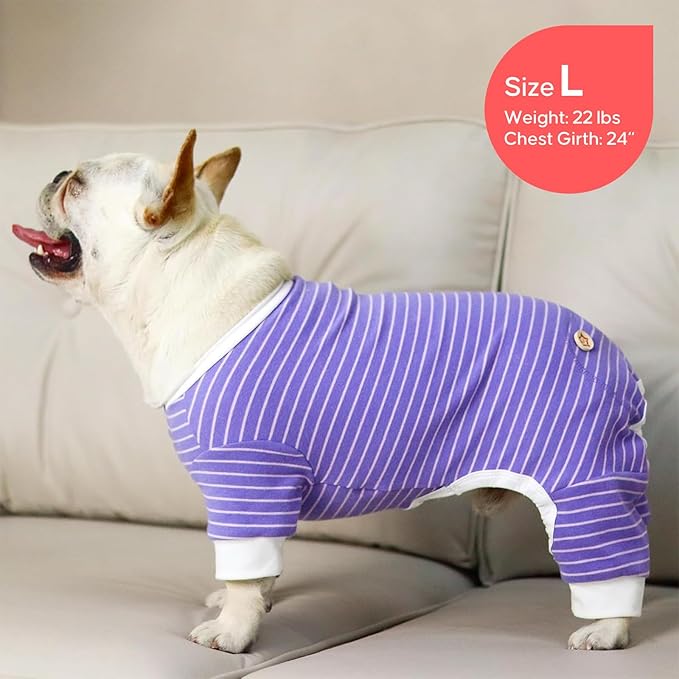 KYEESE Dog Pajamas Stretchable 4 Legs Doggie Jammies Striped Jumpsuit Lightweight Onesie Puppy Pajamas Cozy Outfit Comfortable Dog Clothes Hair Shedding Cover Pet Sleepwear,Purple Striped, Medium