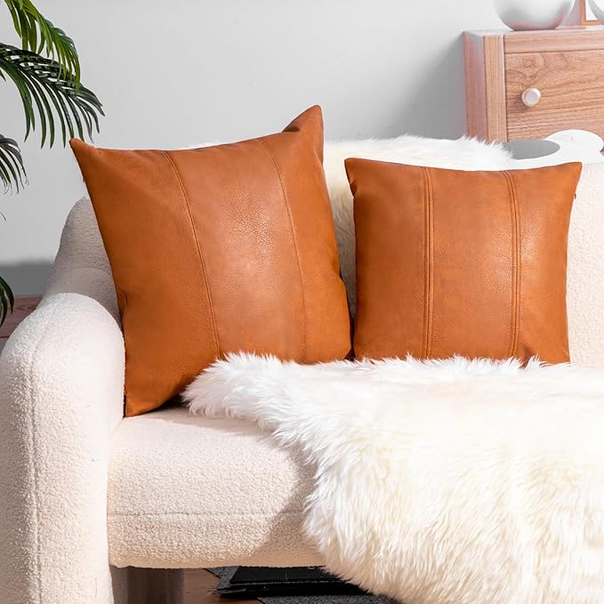 Faux Leather Throw Pillow Covers 24X24 Inch Set of 2 Brown Outdoor Modern Farmhouse Solid Decorative Pillow Covers for Room Couch Living Bedroom Bed Sofa