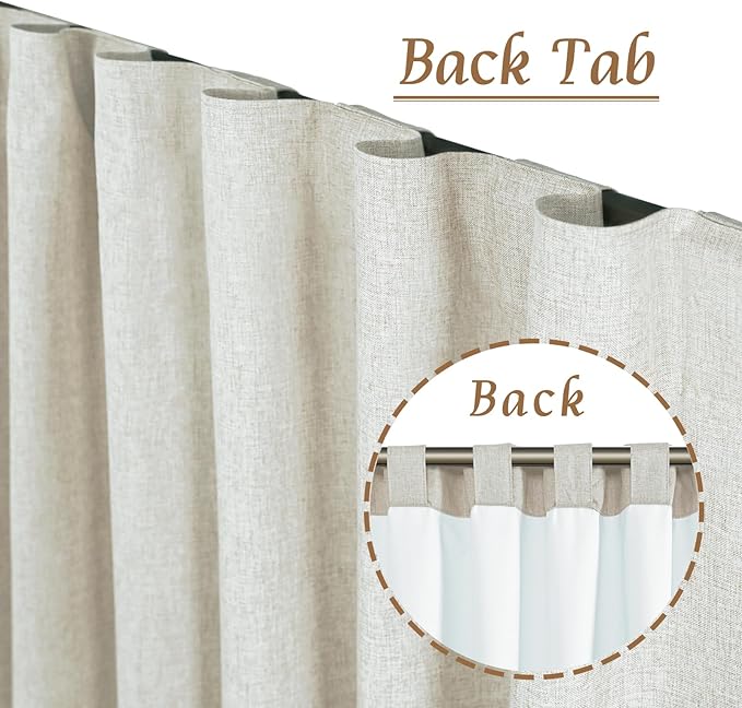 LAMIT 100% Blackout Linen Curtains 45 Inch Length for Bedroom, Linen Textured Thermal Kitchen Curtains Back Tab and Rod Pocket Window Panels with White Liner, 2 Panels, 52 x 45 Inch, Stone