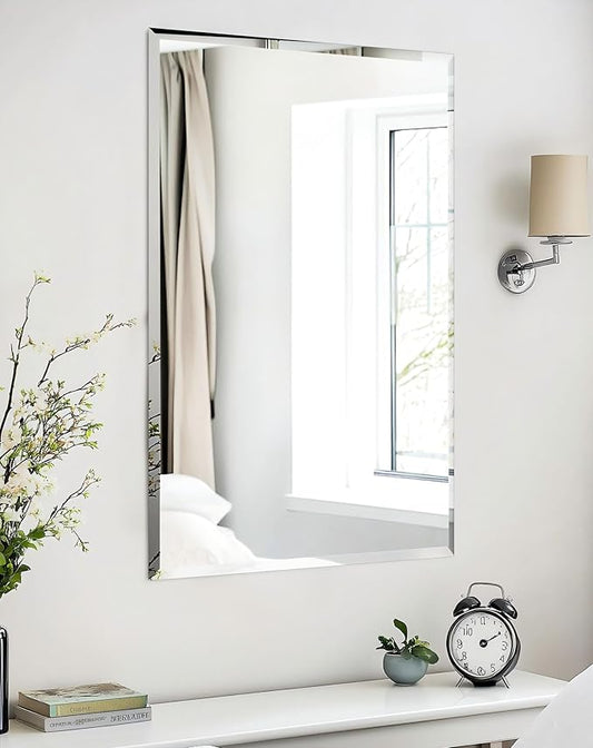 Frameless Rectangular Wall Mirror: Decorative Rectangle Mirrored Glass Vanity with Beveled Silver Edge for Bathroom Bedroom Livingroom Dining Room Entryway Hallway, 40 x 28 inch