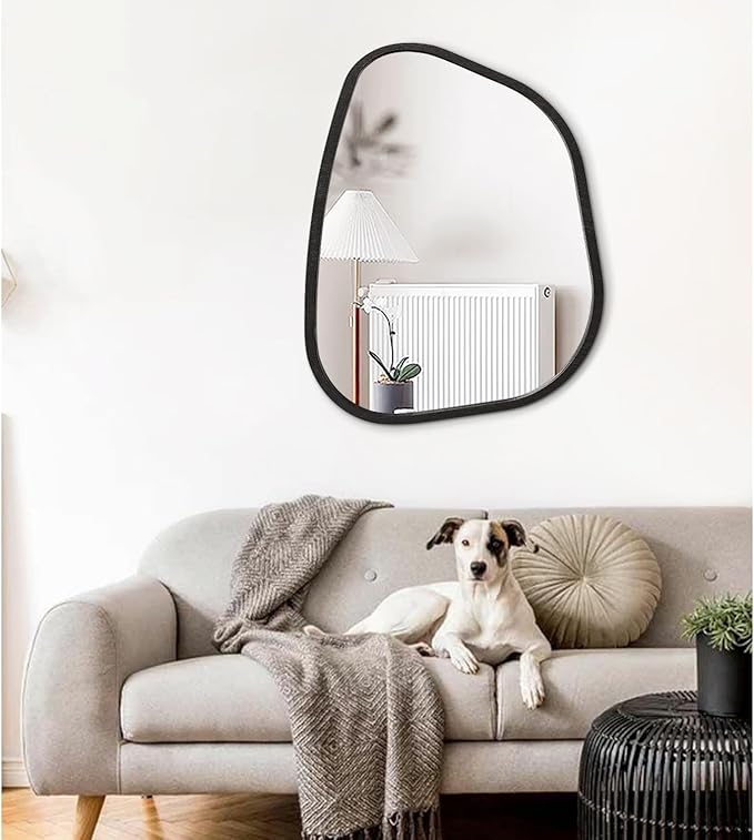 Irregular Wall Mirror Modern Oval Asymmetrical Wooden Framed Unique Hanging Mirror Artistic Wavy Mirror Decor Bathroom Vanity Bedroom Living Room Entryway Hallway 26"x18"