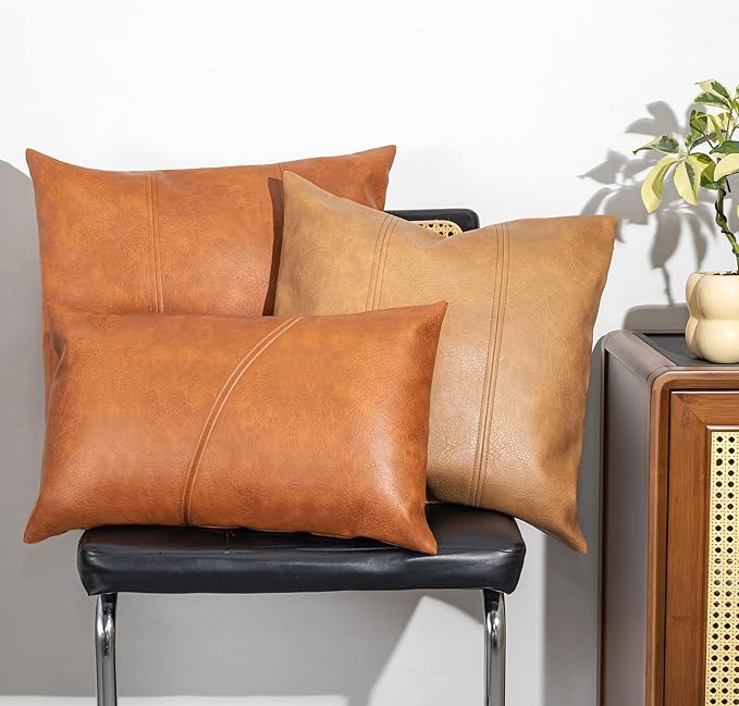 Faux Leather Throw Pillow Covers 12X20 Inch Barcelona Brown Outdoor Modern Farmhouse Solid Decorative Pillow Covers for Room Couch Living Bedroom Bed Sofa
