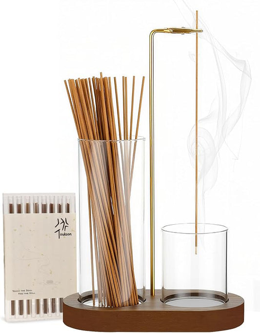 2-in-1 Incense Stick Holder with Glass Ash Catcher, Dual Glass Cups & Metal Clip, Minimalist 8-Shaped Wooden Base, Home Decor Gift (Dark Base)