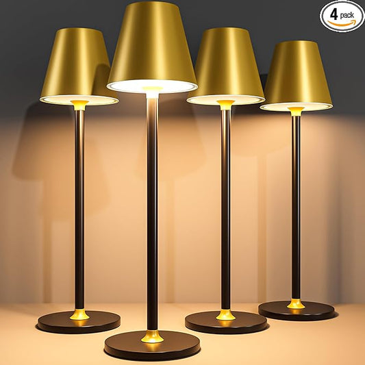 4-Pack Cordless Table Lamps - 5000mAh Rechargeable Battery Operated Desk Lamp, 3-Level Dimmable LED Night Light for Bedroom, Dining, Restaurant - Metal Design(Gold&Black 4PACK)
