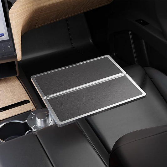 Partsable Foldable 360 Rotating Leather Car Desk Tray for Laptop, Compatible with Tesla Model Y/3/S, Ford F150, Silver White