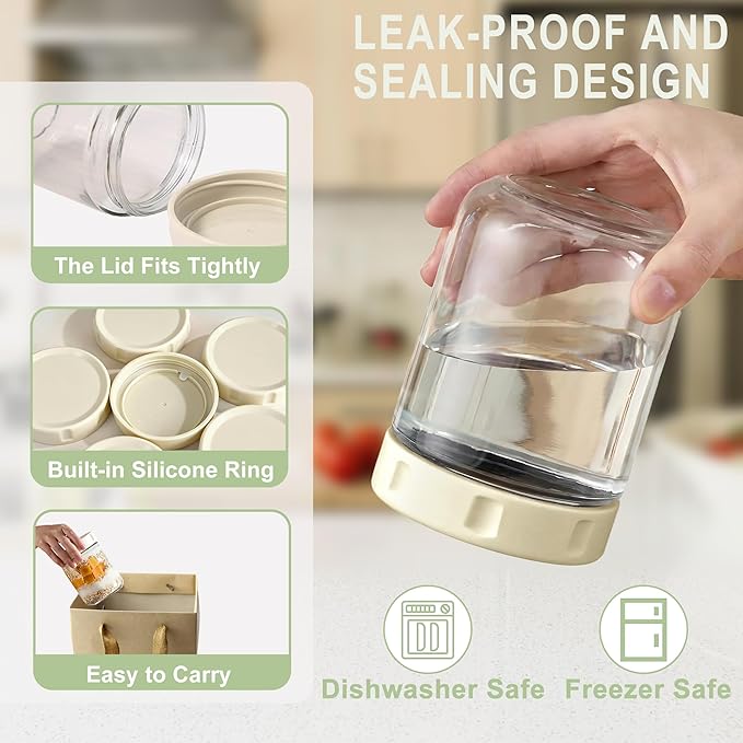 4 Pack Glass Overnight Oats Jars with Airtight Lid, 16OZ Wide Mouth Mason Jars, Leak Proof Glass Food Storage Containers for Yogurt, Oats, Chia Pudding, Snacks, Spice, Sugar