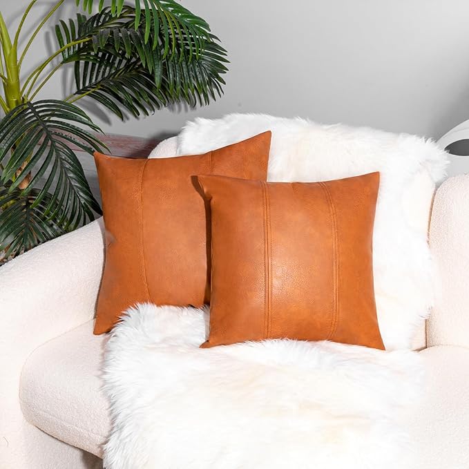 Faux Leather Throw Pillow Covers 26X26 Inch Set of 2 Brown Outdoor Modern Farmhouse Solid Decorative Pillow Covers for Room Couch Living Bedroom Bed Sofa