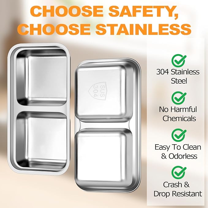 vovoyager Stainless Steel Snack Containers with Lids, Reusable Bento Lunch Container Box, Food Storage, Leak Proof, Dishwasher-Safe, Grab and Go for Work, 4 Pack-Double Compartment