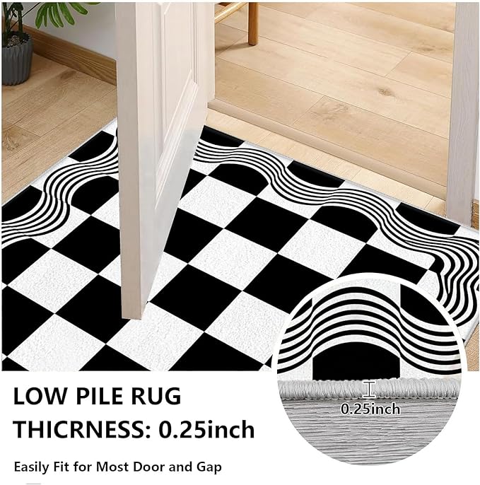 Checkered Area Rug, Checkerboard Rug, Geometric Plaid Washable Rugs 2x3, Modern Checkered Area Rugs, Wavy Line Carpet Non Slip for Bedroom Retro Home Decor Door Mat