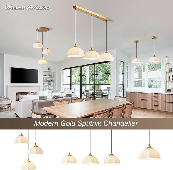 3 Light Cluster Pendant Lighting Gold Milk Glass Chandelier Brushed Brass Pendant Lights Kitchen Island Adjustable Hanging Dining Room Lighting Stairwell Brass Cluster Chandelier MPL17-3R GDN