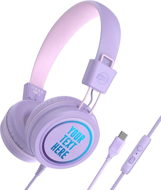 MEE audio KidJamz KJ55 Personalized USB-C Safe Listening Wired Headphones for Kids with Custom LED-Backlit Design, Volume Limiter, & Microphone for iPhone 15, iPad, & USB Type C Devices (Lavender)
