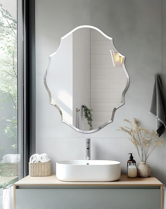 Frameless Scalloped Wall Mirror: Decorative Scallop Oval Mirrored Glass Vanity with Beveled Silver Edge for Bathroom Bedroom Livingroom Dining Room Entryway Hallway, 28 x 22 inch