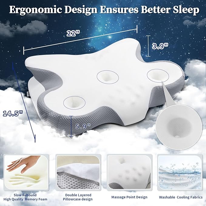 Cervical Pillow for Neck Pain Relief, Ergonomic Contour Side Sleeper Pillows for Adults, Cooling Memory Foam Pillows for Side Back & Stomach Sleepers as Ideal Gifts