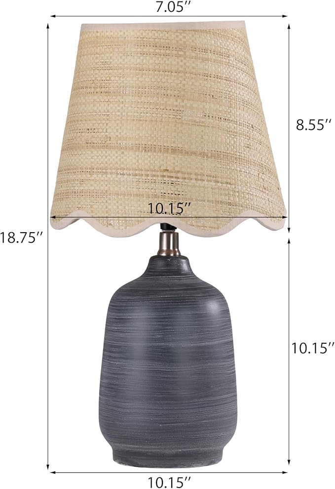 Pia Ricco 19" Modern Ceramic Table Lamp for Living Room Cream Base Desk Lamps for Bedroom Farmhouse Bedside Nightstand Lamp End Table Lamps,White Striped Black Base,Rattan Shade