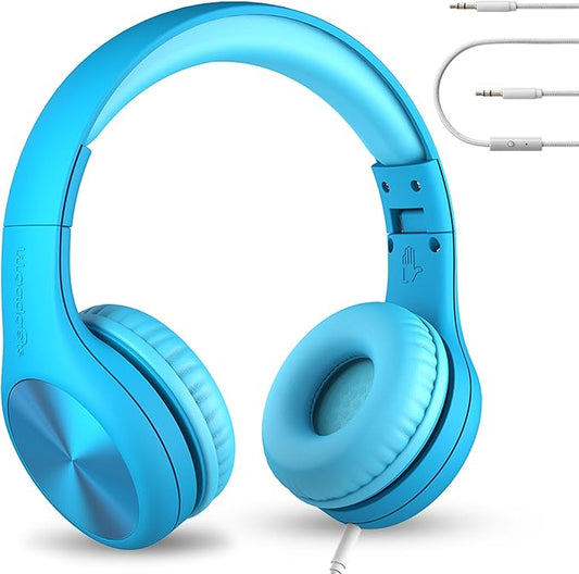 LilGadgets Connect+ Pro Wired Kids Headphones for School with Microphone, Volume Limiting Over-Ear Headset with Cord, SharePort Technology & SoftTouch Padding, Blue