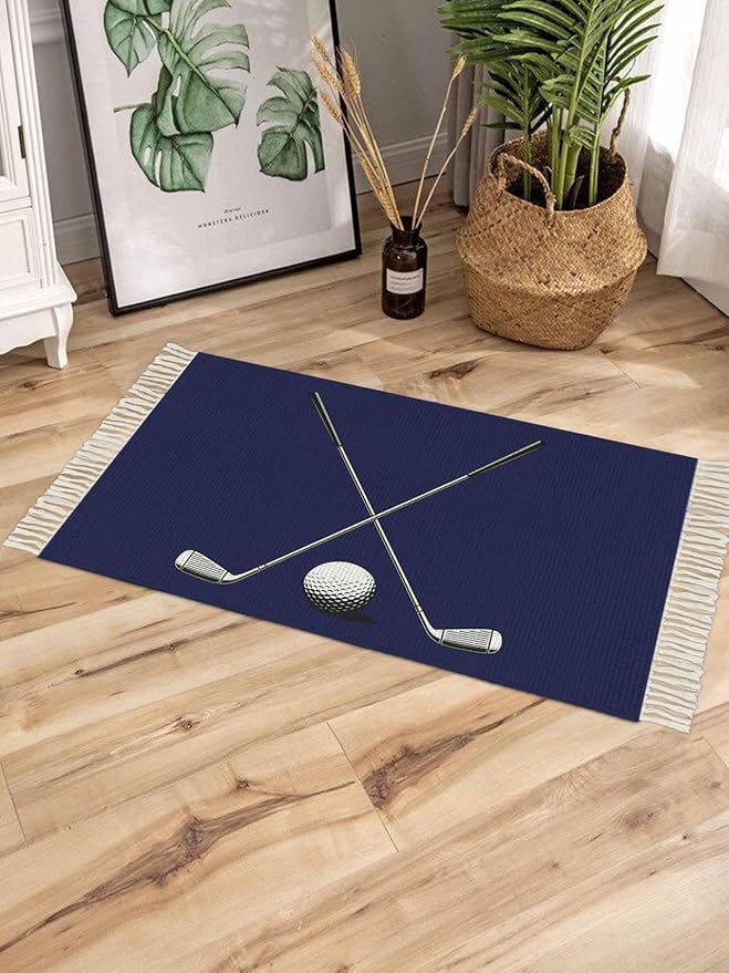 Navy Blue Runner Rug 3X5 Ft Bedroom Area Rug, Washable Woven Sports Golf Ball Throw Carpet with Tassel, Non-Shedding Modern Minimalist Art Dining Room Living Room Carpets