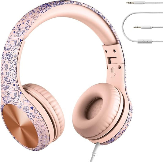 LilGadgets Connect+ Pro Wired Kids Headphones for School with Microphone, Volume Limiting Over-Ear Headset with Cord, SharePort Technology & SoftTouch Padding, Girl Power