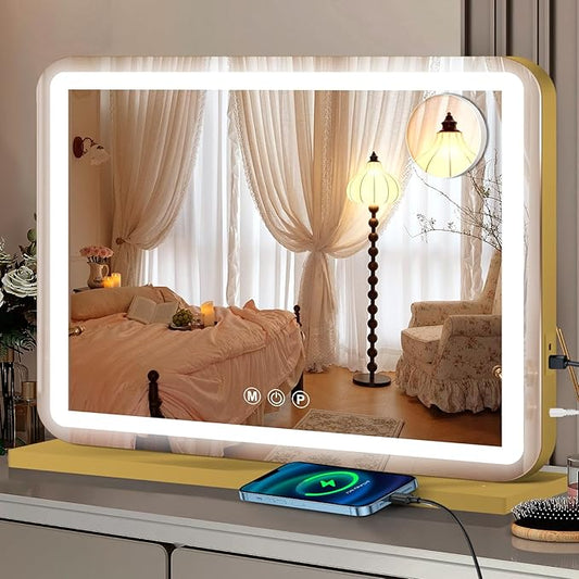 23"x18" Gold Vanity Mirror with Lights, Led Makeup Mirror, Lighted Makeup Mirror with 3 Color Dimmable Lights, Smart Touch Screen Control, Aluminum Metal Frame,USB Charging Port