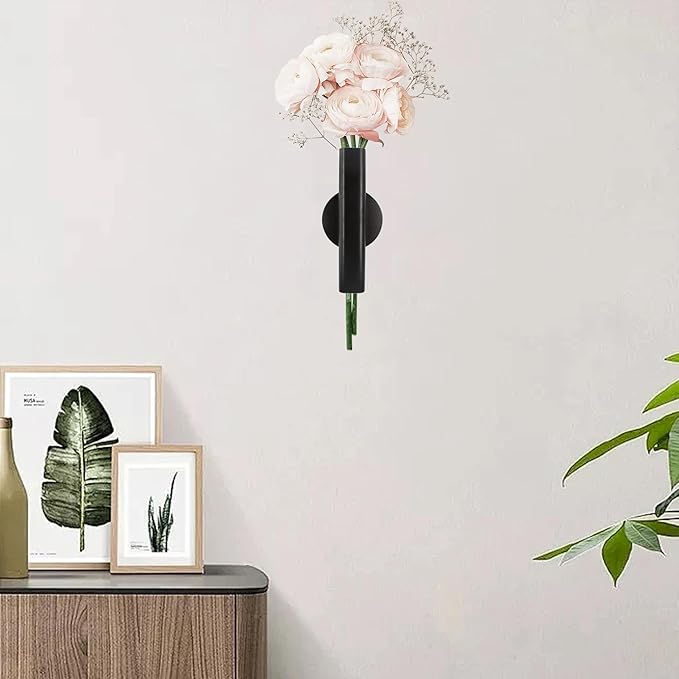 7" Wall-Mounted Flower Tube, Top/Bottom Open Vase, Wall Metal Flower Tube Decoration Holder for Flower Display, Home Office Living Room Bedroom Decoration with Adhesive Material, 2pcs(Black)