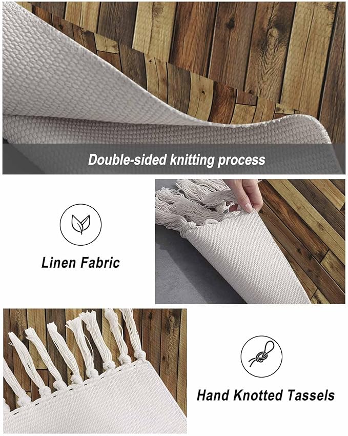 Brown Entryway Rug 2X3 Ft Bathroom Mat, Washable Woven Vintage Country Wooden Grain Throw Carpet with Tassel, Non-Shedding Farmhouse Cabin Retro Plank Stitching Art Indoor Outdoor Kitchen Doormats