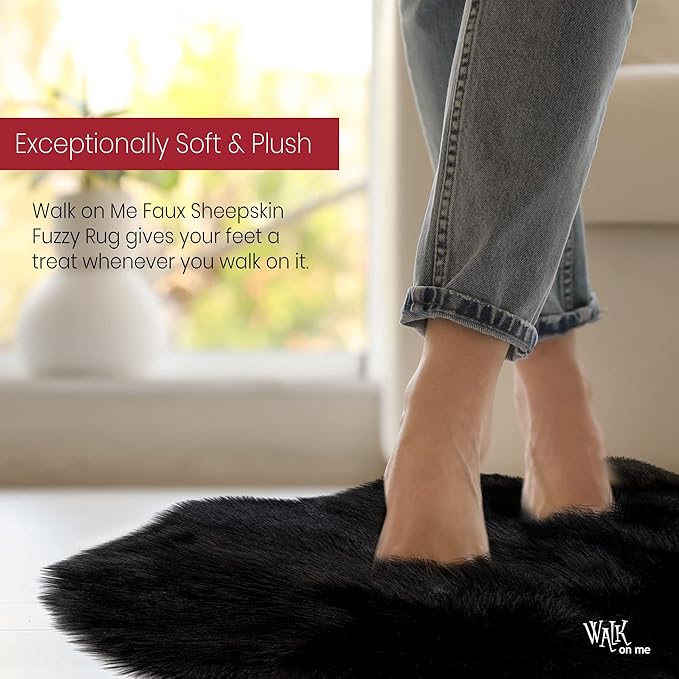 Silky Soft Faux Fur Rug, 6 ft. x 9 ft. Black Fluffy Rug, Sheepskin Area Rug, Rectangle Rug for Living Room, Bedroom, Kid's Room, or Nursery, Home Décor Accent, Machine Washable with Non-Slip Backing