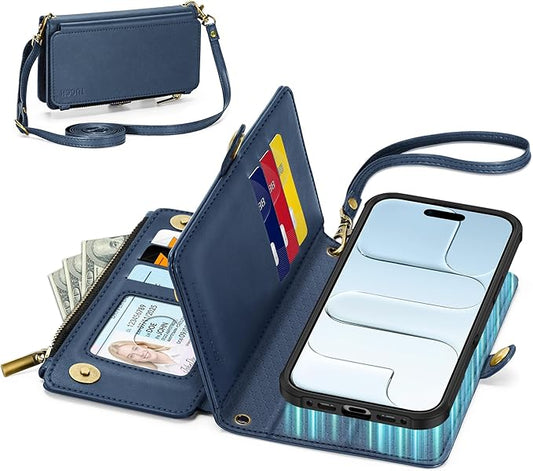 TUCCH Crossbody Detachable Wallet Case for iPhone Air 6.5" 2025, 9 Card Holders RFID Blocking, Wireless Charging, Stand, Wrist Strap, Lanyard, Zipper Pocket, PU Leather Shockproof Cover, Dark Blue