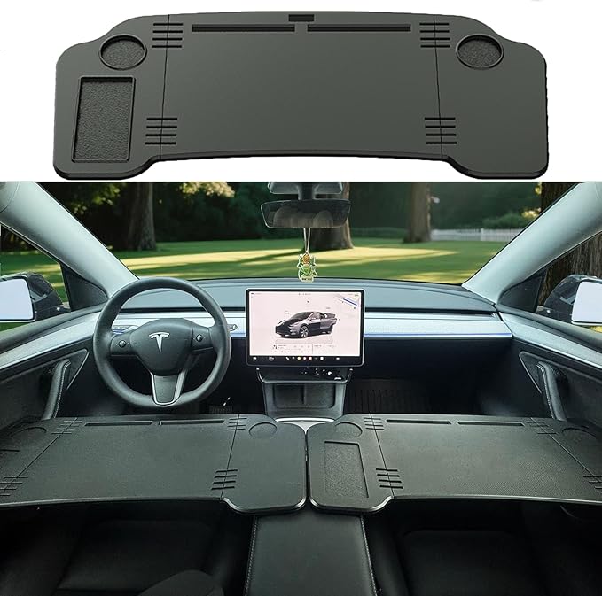 Ronsoile for Tesla Model 3 Y | Foldable Laptop Car Desk | Steering Wheel Table with Cup Holder | Multi-Position Backseat Travel Tray for Kids, Food & Tablets | Long Trip Essentials