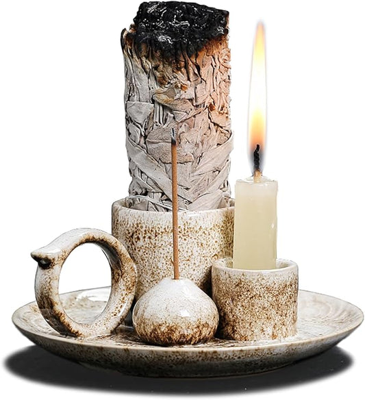 4 in 1 Ceramic Incense Burner Holder with Handle for Burning Sage, Palo Santo Stick, Joss Sticks, Candle in Your New House, Office, Yoga, Meditation Room