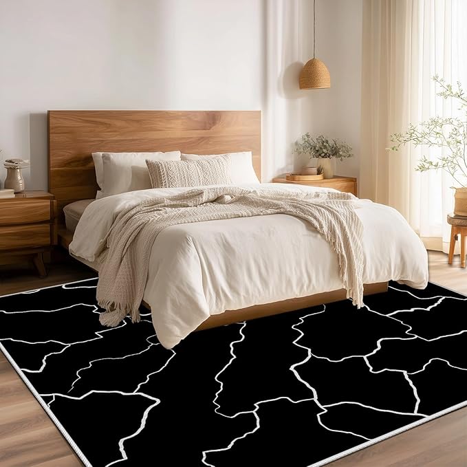 Abstract Rugs for Living Room - Modern Washable Area Rug, 4x5 Abstract Black and White Rug, Minimalist Rugs,Carpet Non Slip Home Decor