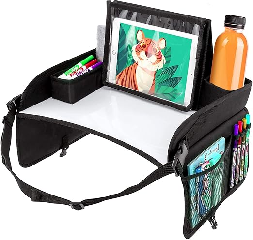 AMZ Supply Kids Travel Tray for Kids Car Seat. Toddler Car Seat Tray Table with 6 Compartments and Tablet Stand. Foldable Toddler Table for Travel. Folding Portable Desk. Compact Road Trip Essentials