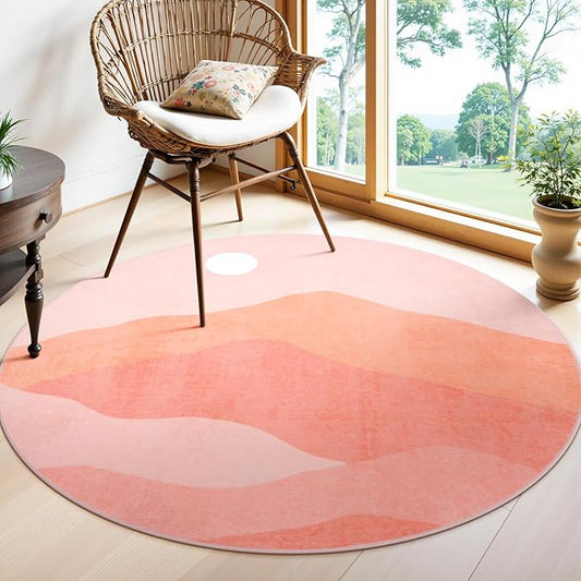 Pink Round Rugs, 4Ft Soft Nursery Rug Non Slip Washable Circle Rug, Modern Mountain Playroom Mat Sunrise Sunset Round Carpet for Kids Room Entryway Bedroom Living Room Dorm