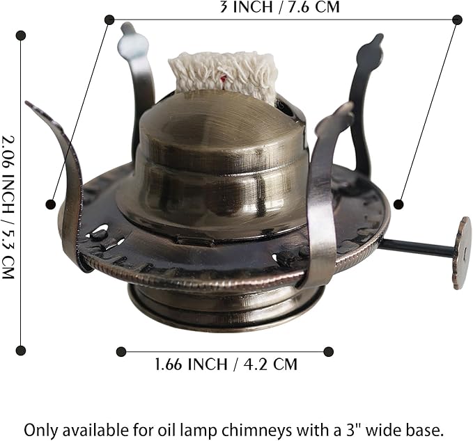 2Pcs Oil Lamp Burner #2 Size Bronze Plated for Antique Lamps Oil Lamp Replacement Kerosene Lamps Parts with Reduction Collar and Cotton Lamp Wick Fits Holds a 3 Inch Base Chimney