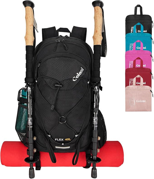 45L Hiking Backpack with Rain Cover, Lightweight Foldable Camping Backpack for Trekking, Water-Resistant Daypack with Hiking Pole & Mat Carrying System,Black