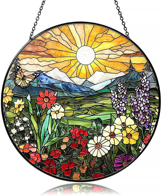 Mountain Wildflowers Stained Glass Suncatcher for Windows - Vibrant Sun Catchers Indoor Hanging Decor, Nature-Inspired Gift for Plant Lovers, Housewarming, New Home, Birthday or Holiday Celebration