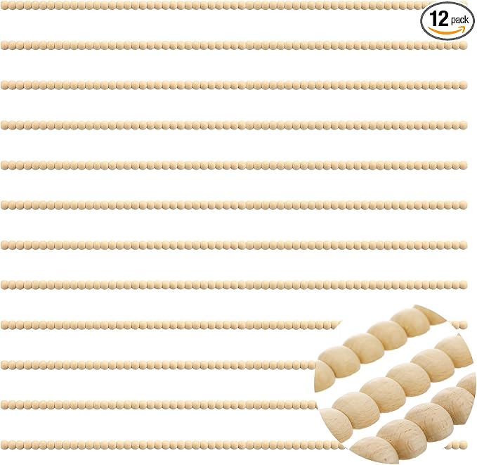 Nuanchu 12 Pcs Decorative Beaded Wood Trim Molding Half Wooden Beads Bobbin Trims 15.75 Inch Unfinished 3D Pearl Paintable Wood Molding for DIY Crafts Home Wall Cabinet Shelf Window Door (8 mm)
