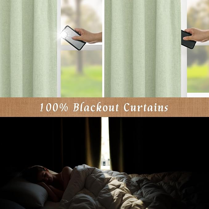 LAMIT 100% Blackout Linen Curtains 63 Inches Long, Linen Textured Living Room Farmhouse Curtains Room Darkening Back Tab and Rod Pocket Panels with White Liner, 2 Panels, Light Green, 60 x 63 Inch