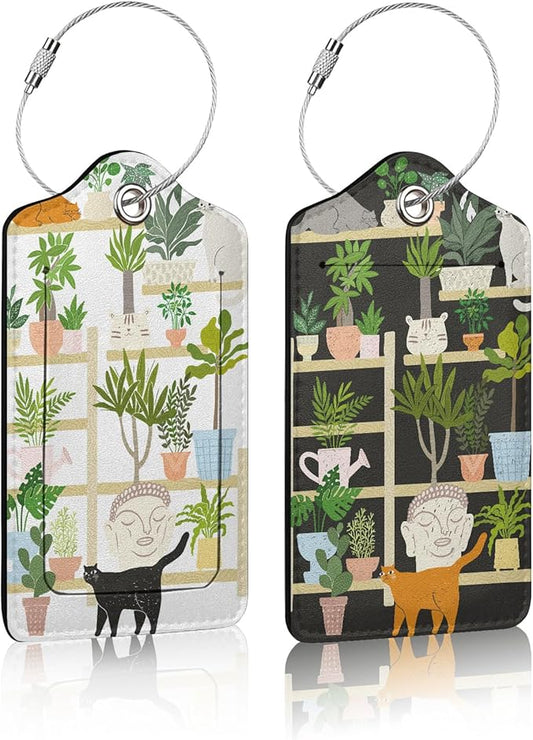 2 Pack Luggage Tag for Suitcase,Bookshelf Cat Luggage Tag with PU Leather Privacy Cover ID Label & Stainless Steel Loop for Women Men Travel Bag Suitcase