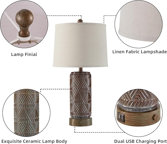 RORIA Set of 2 Farmhouse Table Lamps for Living Room Bedroom, 3 Way Dimmable Touch Nightstand Lamp with 2 USB Port, Rustic Vintage Bronze Ceramic Lamps for End Table Bedside, Bulbs Included
