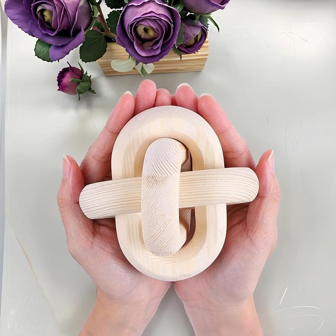 3 Link Hand Carved Wood Knot, Wood Chain Link Decor, Rustic Decorative Objects for Home, Living Room, Bedroom, Coffee Table, Modern Farmhouse Shelf Decor (Natural)