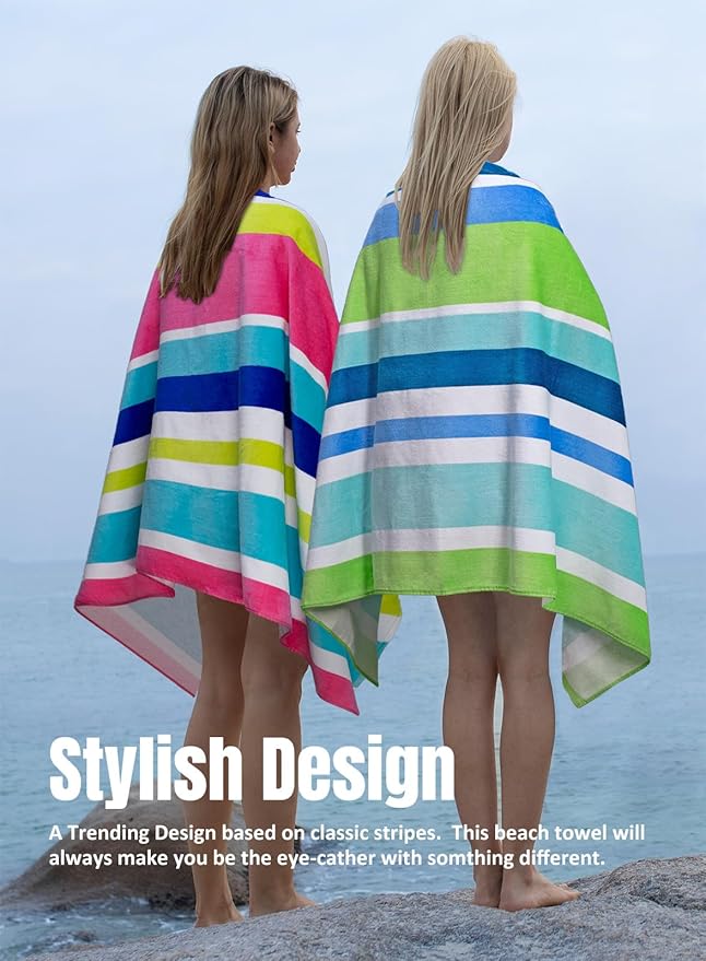 cabanana Large Beach Towel Oversized - Cotton Velour 35 x 70 Inch Rainbow Striped Terry Pool Towel, Cabana Soft Swimming Towel for Adults Women Men (Rainbow Blue)