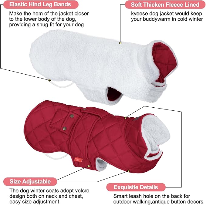 KYEESE Dog Coat Waterproof Dog Coats for Large Dogs Warm Pets Clothes for Cold Weather Windproof Dogs Jacket with Fleece Lined Thick Pet Winter Puffer Coat with Pocket Soft Pet Sweater with Leash Hole