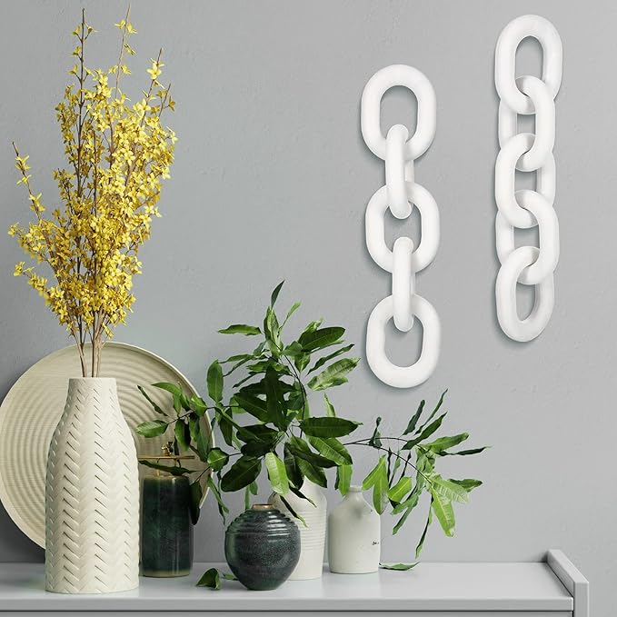 Queekay Decorative Wood Chain Link Decor Rustic Wooden 5 Link Wooden Chain Decor Ornament Farmhouse Home Decoration Hand Carved Wood Crafts Ornaments for Coffee Table(White)