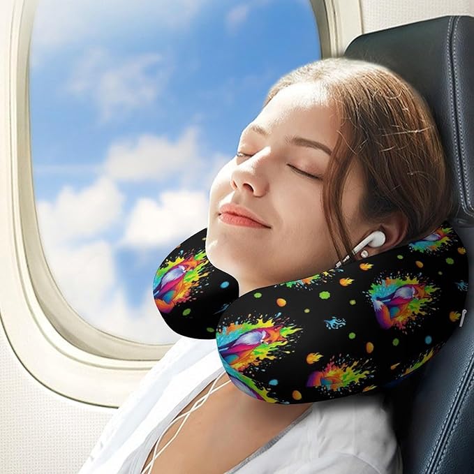 Memory Foam Travel Pillow Colorful Nine Tailed Fox Art, Breathable Chin Head Support, Washable Zip Cover for Airplane Car Office Pain Relief