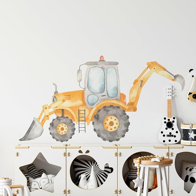 Construction Tractor Backhoe Loader Wall Decal for Boys Room, Construction Eqipment Peel Stick Removable Fabric Wall Sticker, Nursery or Playroom Decor, Repositionable (48 inch: 27" Tall x 48" Wide)