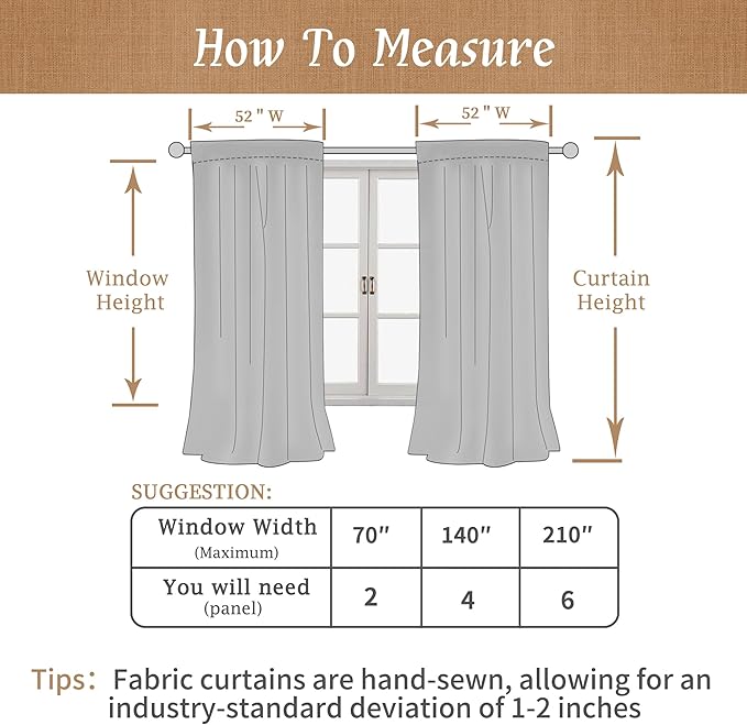 LAMIT Natural 100% Blackout Linen Curtains, 63 Inches Linen Textured Thermal Bedroom Curtains Back Tab and Rod Pocket Burlap Panels with White Liner for Farmhouse, 2 Panels, 52 x 63 Inch, Burlap