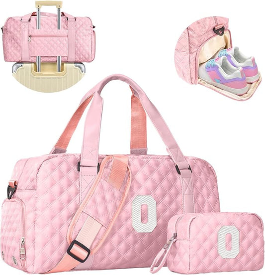 Elilier Initial Gym Bag for Girls, Kids Travel Duffel Bag, Graduation Gifts for Her, Personalized Weekender Bag with Shoes Compartment, Gifts for Mom, Girls Gifts for Kids