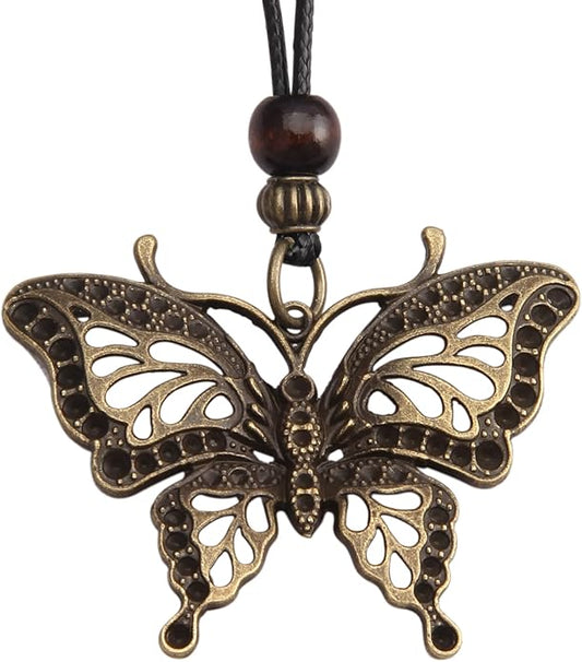 Leather Necklace for Women Boho Choker Necklace Long Cord Leather Pendant Bohemian Neckalce Vintage Alloy Pendant Leather Rope Necklace Wooden Necklaces for Women